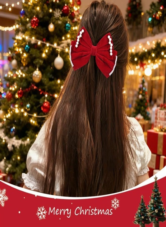 Sdopbinbin Red Christmas Bow Hair Clips Barrettes for Women Girls Pearl Bow Hair Accessories for Girls Large Red Bowknot Hair Clip Xmas Christmas Hair Accessories for Women French Elegant Hair Clip Pin - Image 5